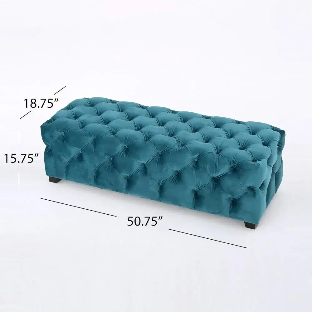 Dark Teal Tufted Velvet Ottoman Bench - Stylish and Comfortable Seating for Hallways and Salons