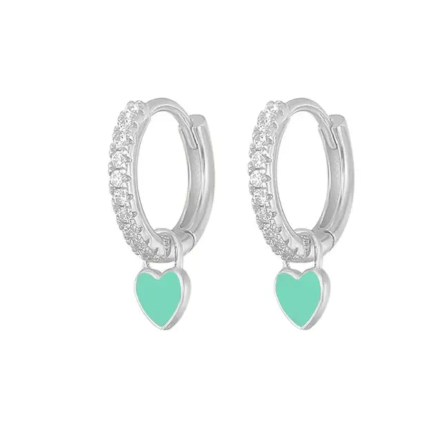 Aide Silver Color Hoop Earrings with Cute Candy Neon Color Enamel Heart Charm