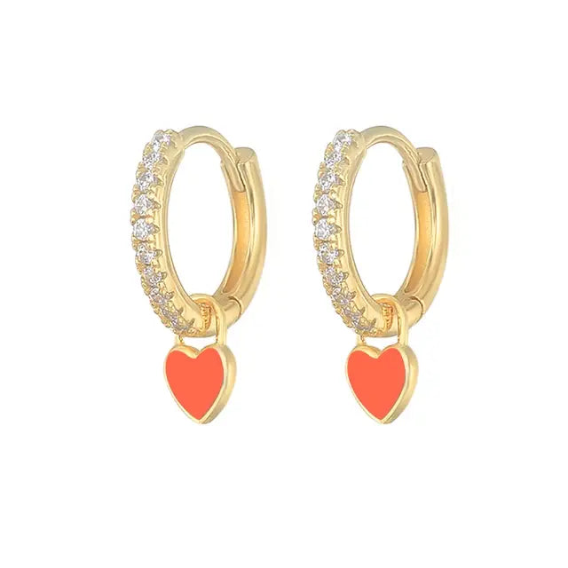 Aide Silver Color Hoop Earrings with Cute Candy Neon Color Enamel Heart Charm