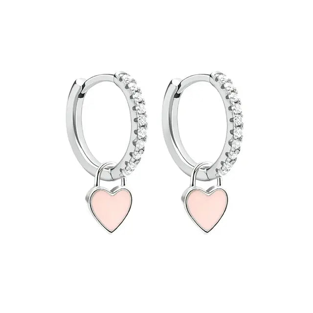 Aide Silver Color Hoop Earrings with Cute Candy Neon Color Enamel Heart Charm