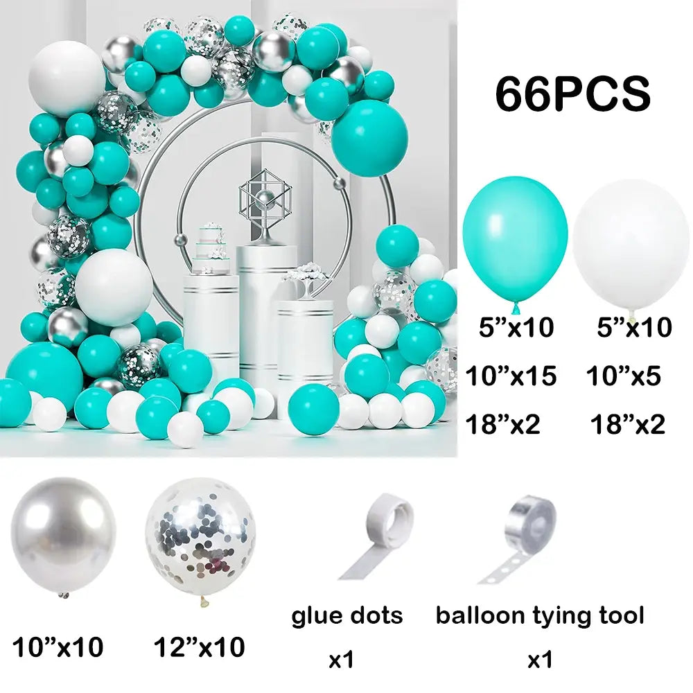 66pcs Tiffany Blue White Balloons Garland Kit with Silver Confetti - Party Decoration Set