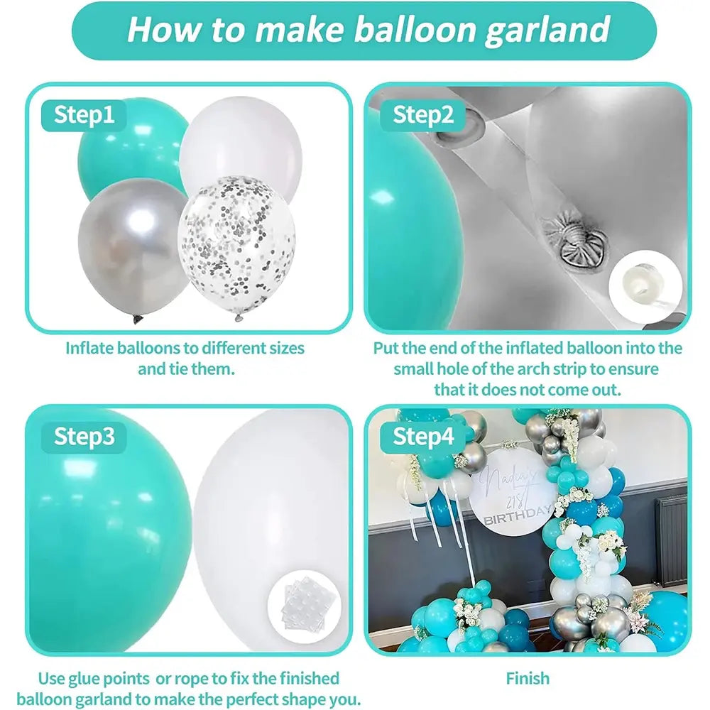 66pcs Tiffany Blue White Balloons Garland Kit with Silver Confetti - Party Decoration Set