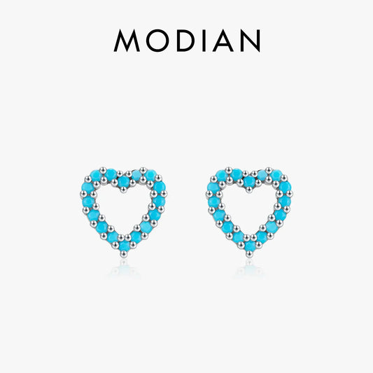 MODIAN Simple 925 Sterling Silver Exquisite Romantic Turquoise Hearts Stud Earrings for Women - Birthday Gifts Jewelry