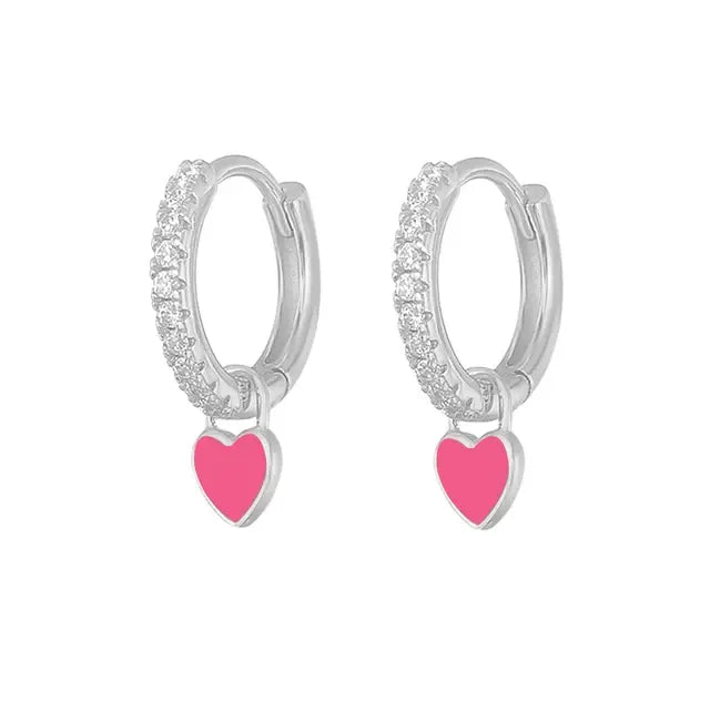 Aide Silver Color Hoop Earrings with Cute Candy Neon Color Enamel Heart Charm