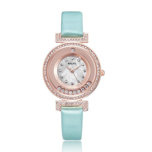 Elegant Women's Watch with Tiffany Blue Leather Band, Rose Gold Quartz Clock, Small Gift for Business