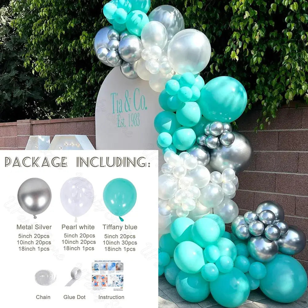 Tiffany Blue Balloons Garland Set - Silver, Teal, and Pearl White Balloon Arch for Birthday, Wedding, Party Decor