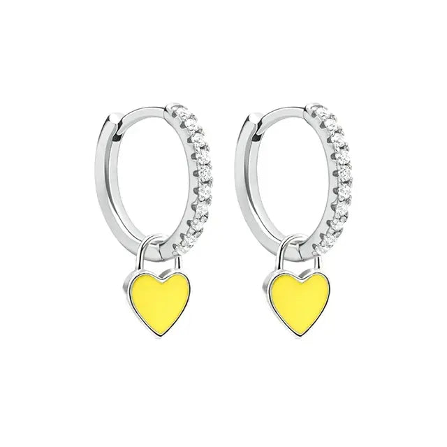 Aide Silver Color Hoop Earrings with Cute Candy Neon Color Enamel Heart Charm