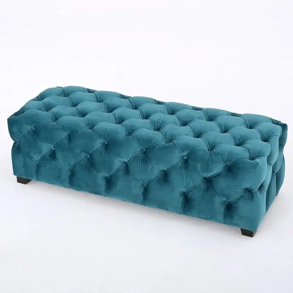 Dark Teal Tufted Velvet Ottoman Bench - Stylish and Comfortable Seating for Hallways and Salons