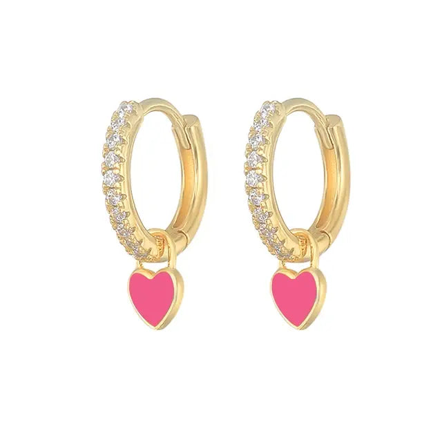 Aide Silver Color Hoop Earrings with Cute Candy Neon Color Enamel Heart Charm