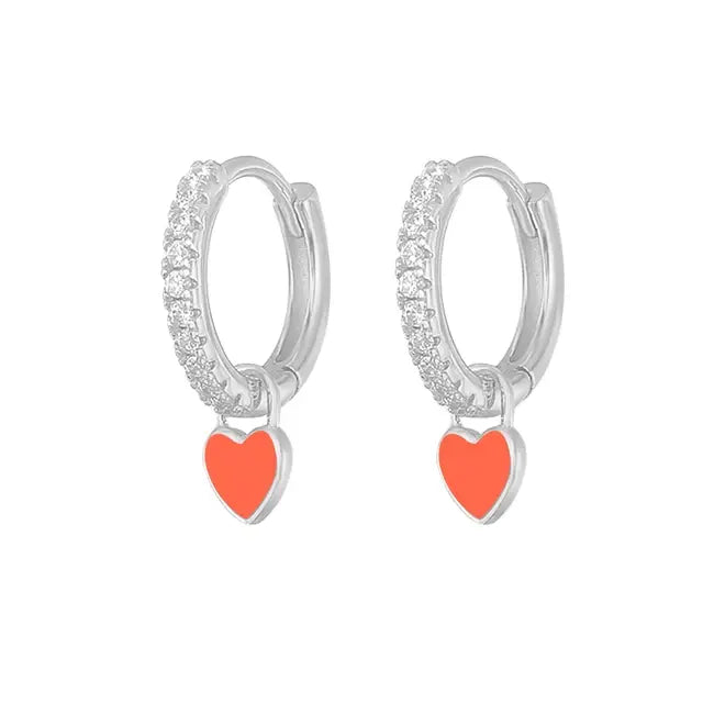 Aide Silver Color Hoop Earrings with Cute Candy Neon Color Enamel Heart Charm