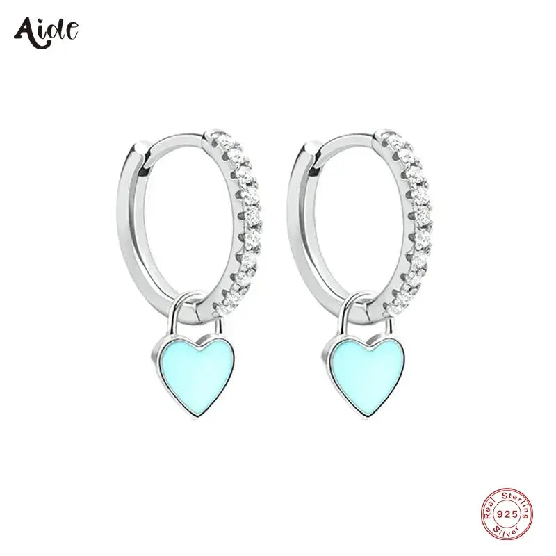 Aide Silver Color Hoop Earrings with Cute Candy Neon Color Enamel Heart Charm