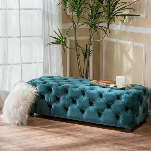 Dark Teal Tufted Velvet Ottoman Bench - Stylish and Comfortable Seating for Hallways and Salons