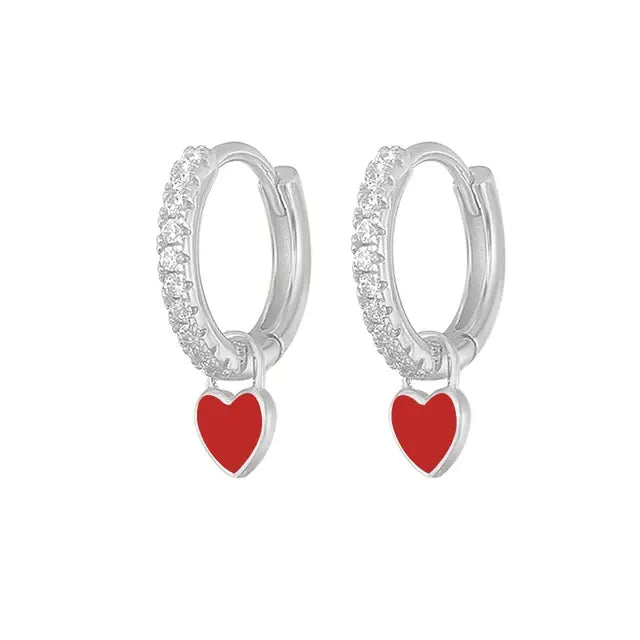 Aide Silver Color Hoop Earrings with Cute Candy Neon Color Enamel Heart Charm