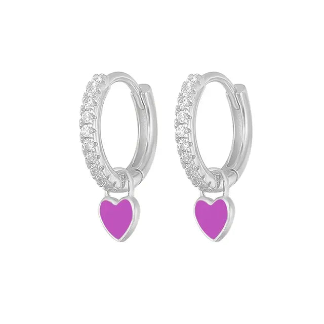 Aide Silver Color Hoop Earrings with Cute Candy Neon Color Enamel Heart Charm