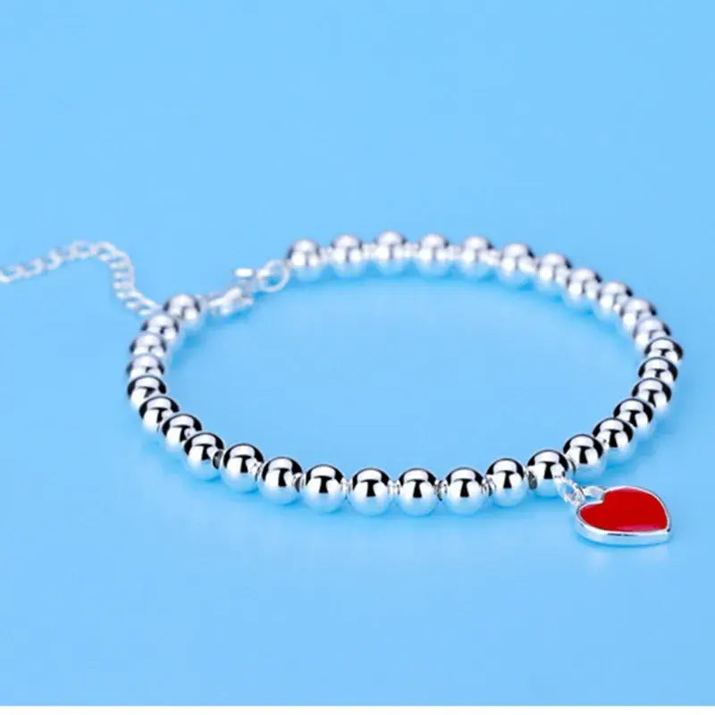 Andara 925 Sterling Silver Beads Chain Heart Pendant Bracelet - Women's Fashion Jewelry for Parties and Weddings