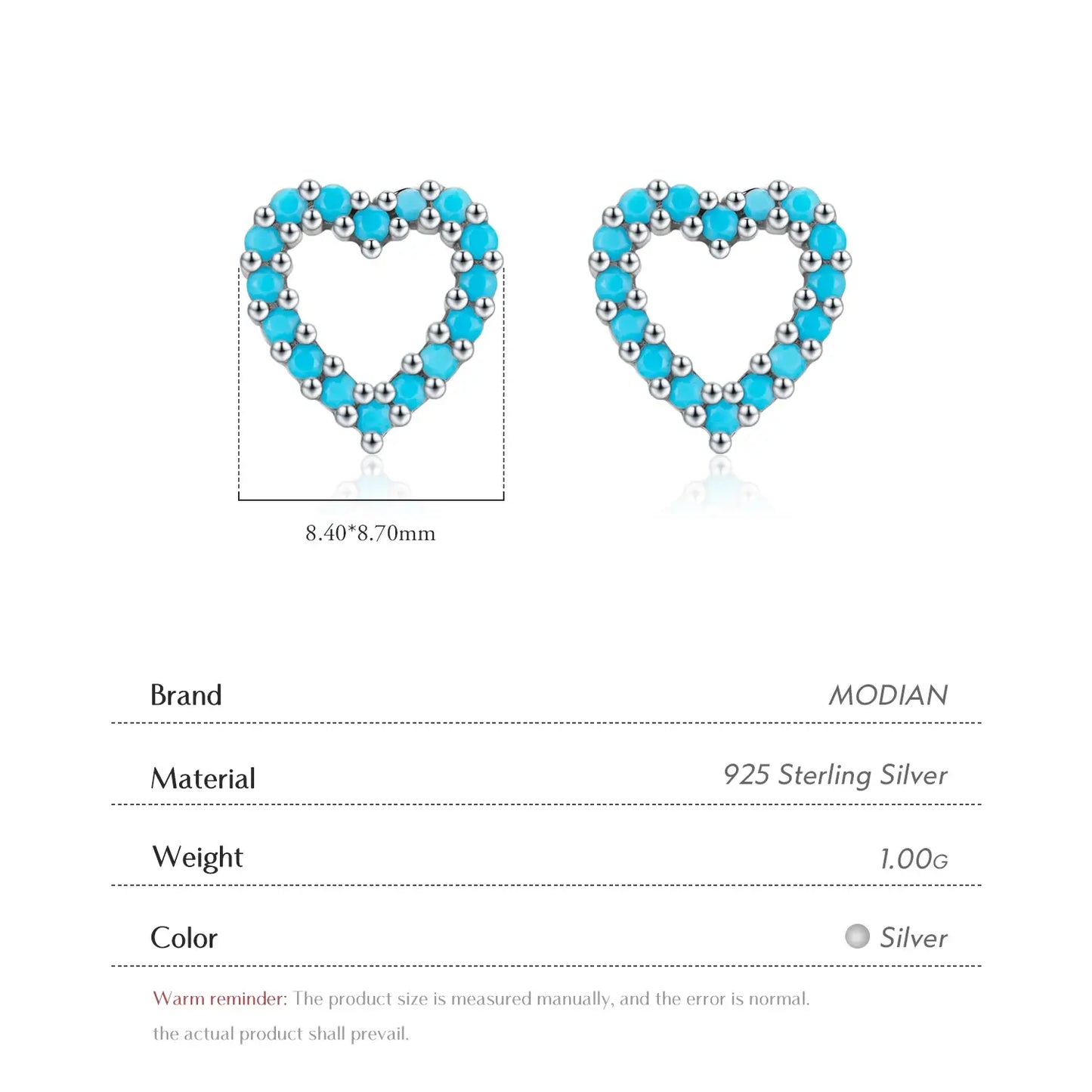 MODIAN Simple 925 Sterling Silver Exquisite Romantic Turquoise Hearts Stud Earrings for Women - Birthday Gifts Jewelry