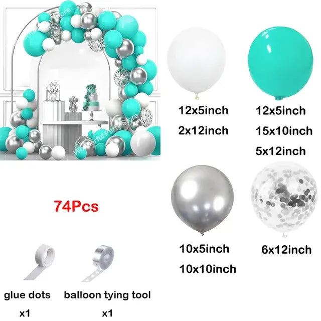 66pcs Tiffany Blue White Balloons Garland Kit with Silver Confetti - Party Decoration Set